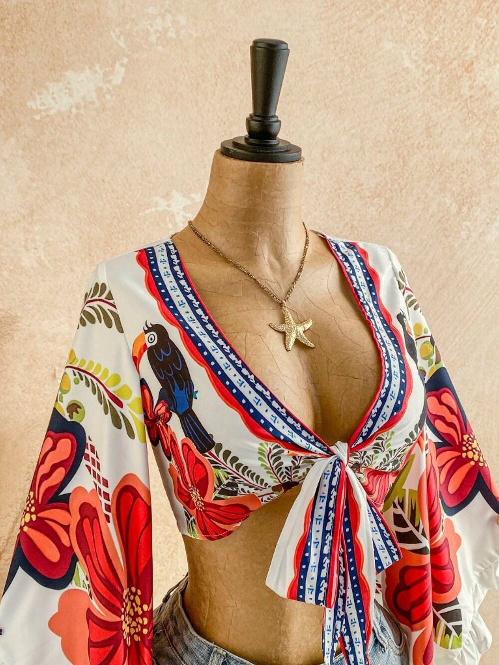 Multicolor Boho Women's Leopard Print Tie-Front Flare Sleeve Ruffle Cuff Blouse - Picture 3 of 6